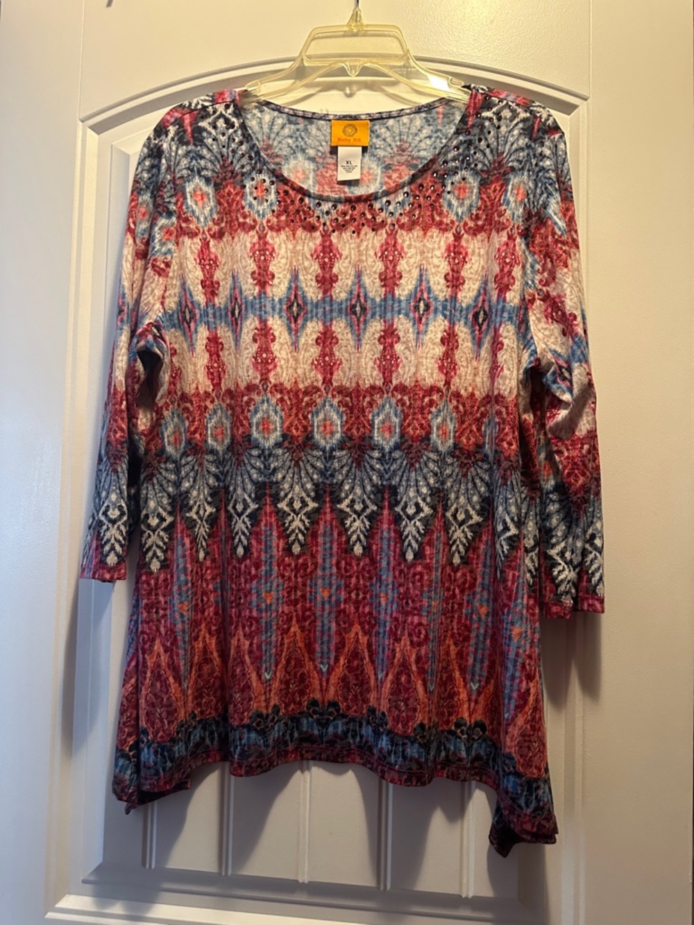 Ruby Rd. Red, Blue & Cream Beaded Ikat-Style Top